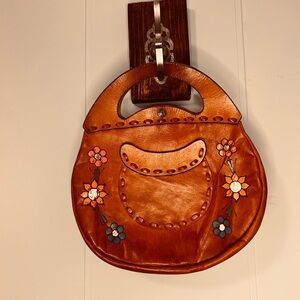 Floral Embellished Tan Leather Handbag